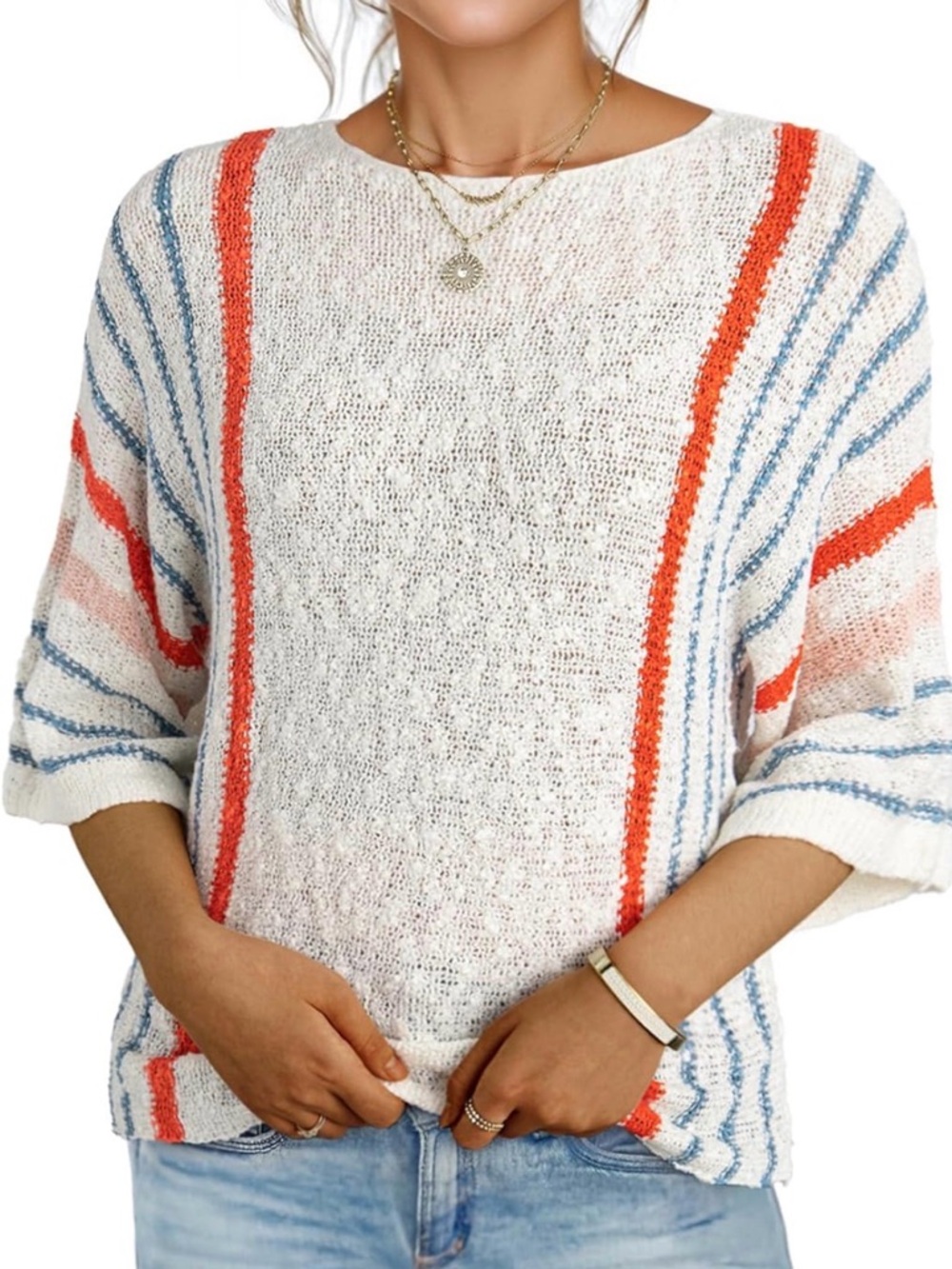 Lightweight White Striped Knit Sweater with Coral & Blue Accents